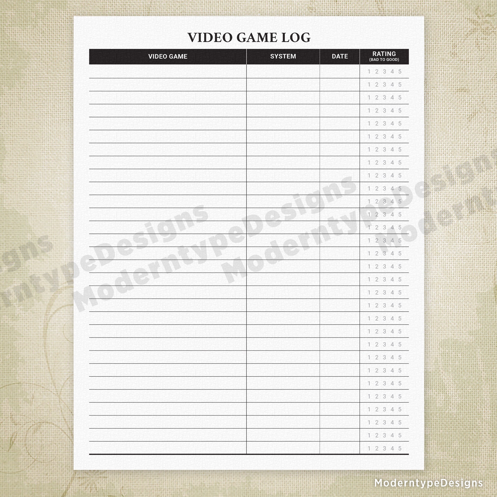 Video Game Log with Rating Printable Form