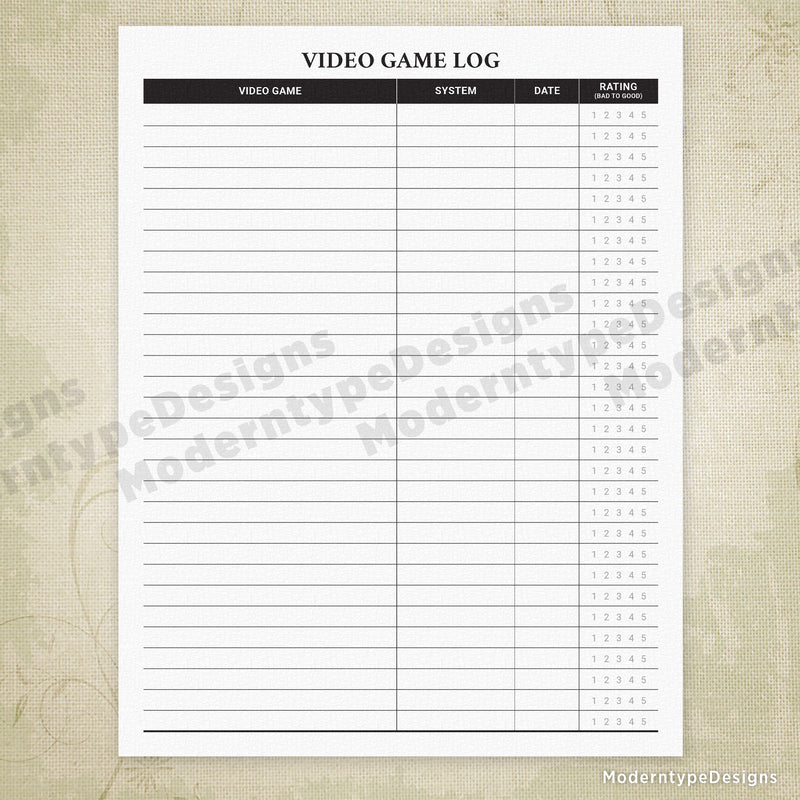 Video Game Log with Rating Printable Form