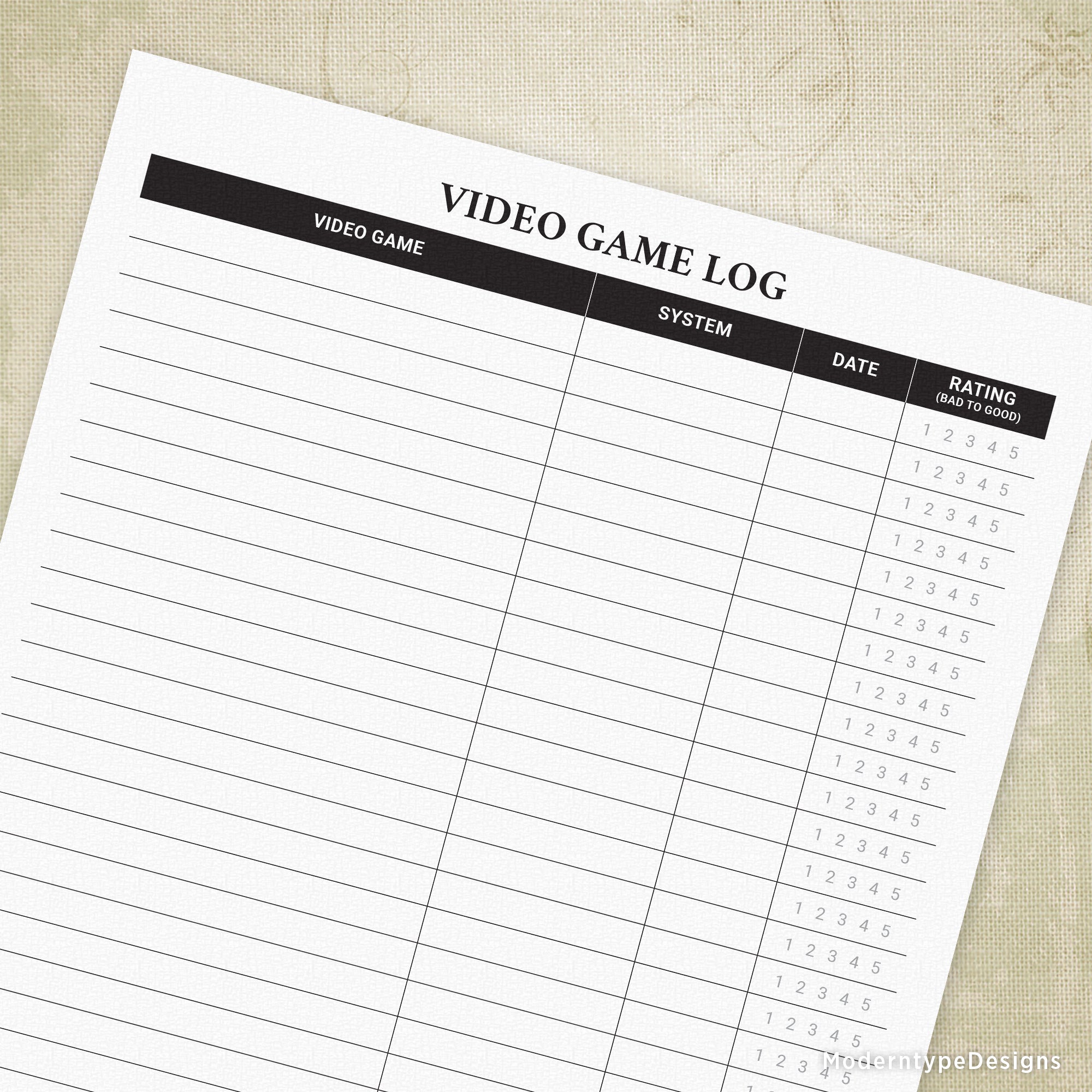 Video Game Log with Rating Printable Form