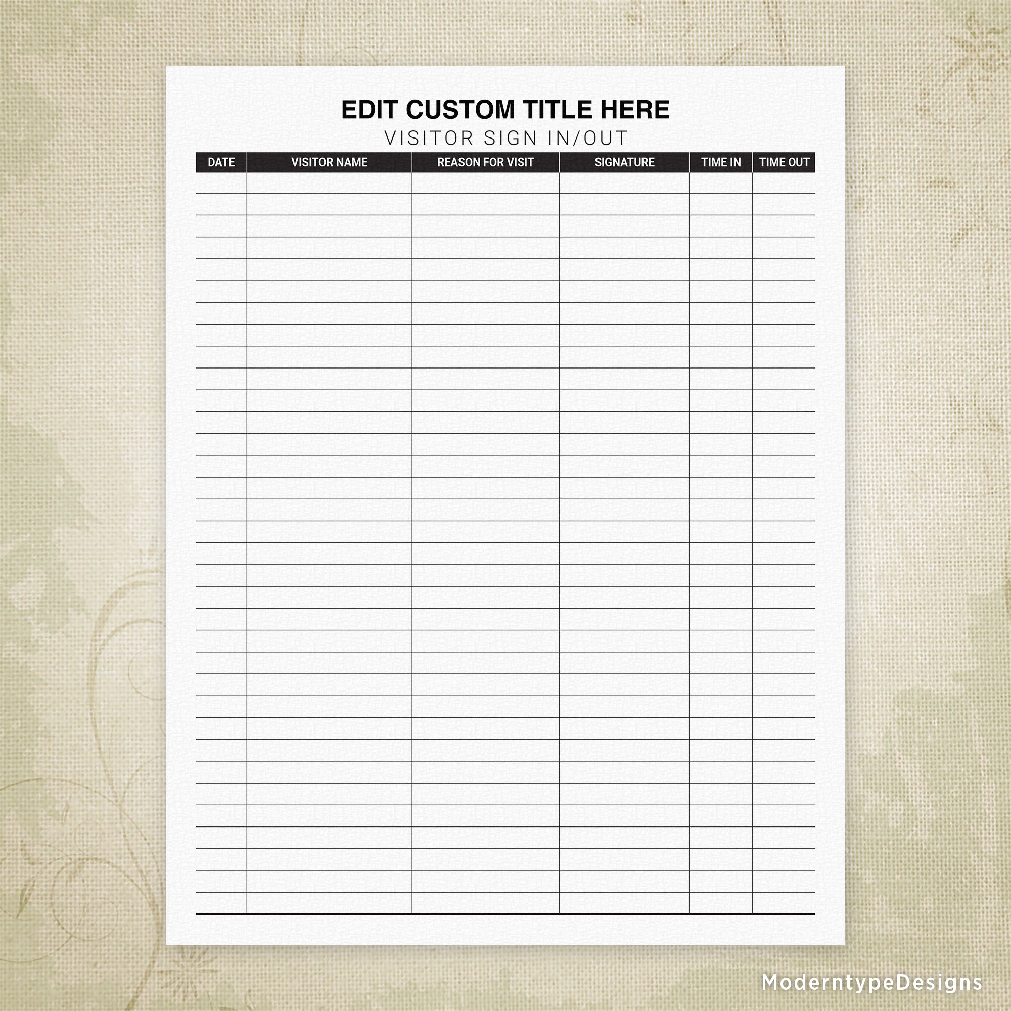 Visitor Sign In and Out Sheet Printable Form, Personalized