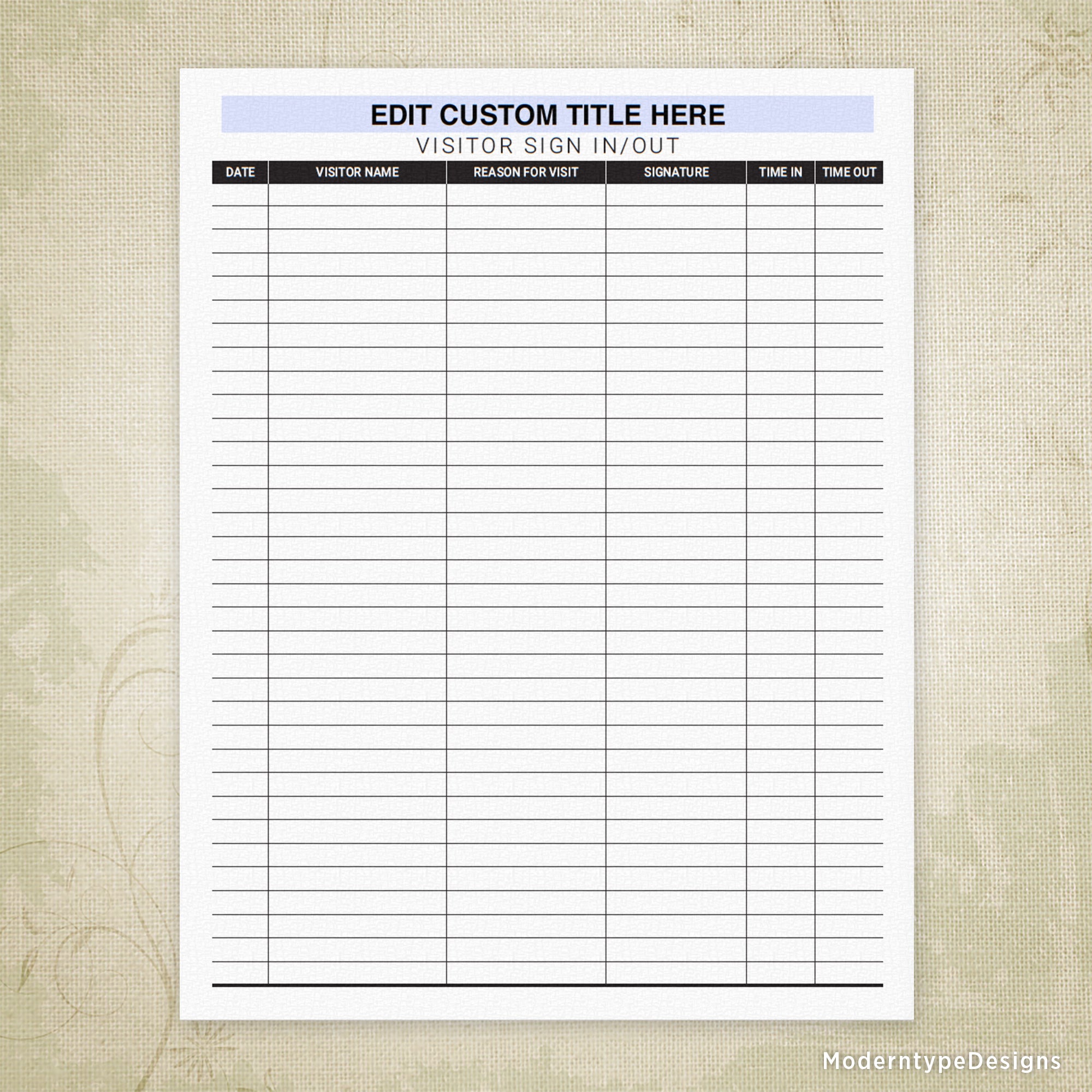 Visitor Sign In and Out Sheet Printable Form, Personalized