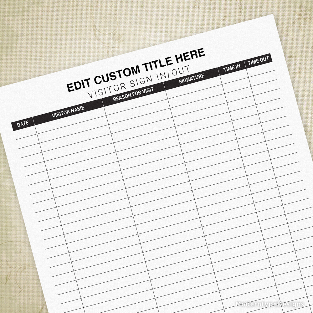 Visitor Sign In and Out Sheet Printable Form, Personalized