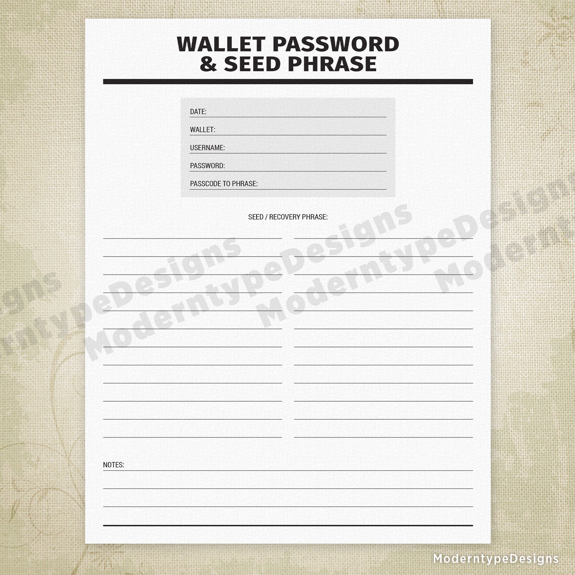 Wallet Password & Seed Phrase Printable
