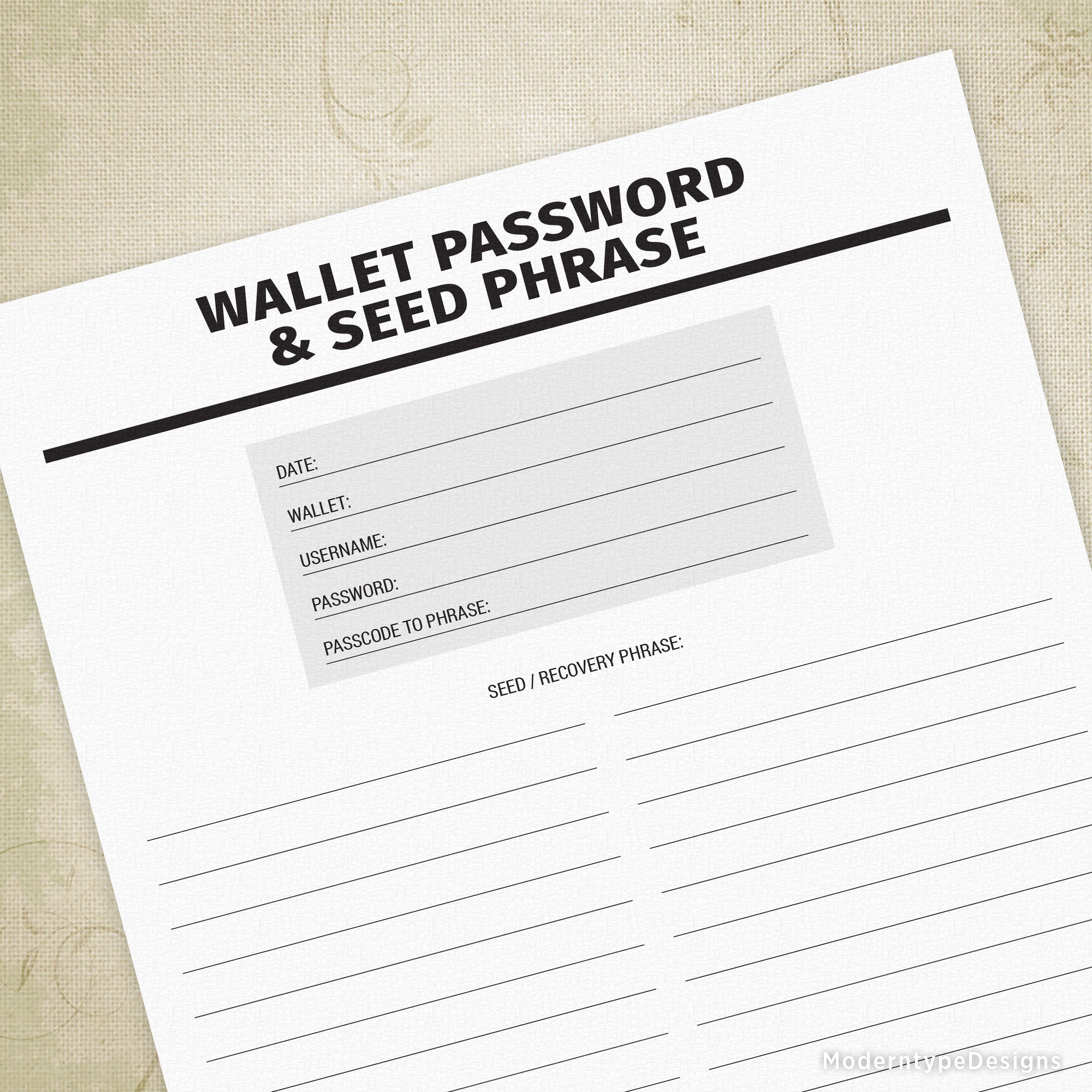 Wallet Password & Seed Phrase Printable