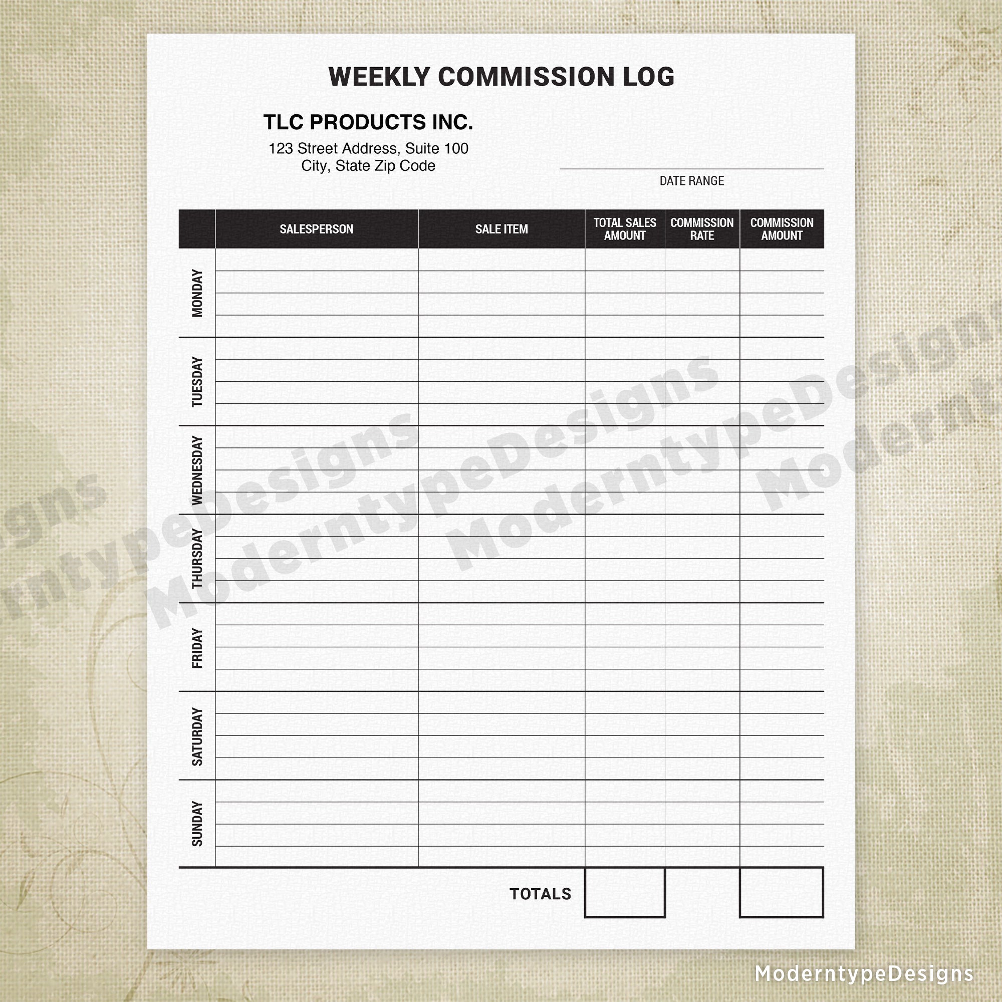 Weekly Commission Log Printable Form, Personalized