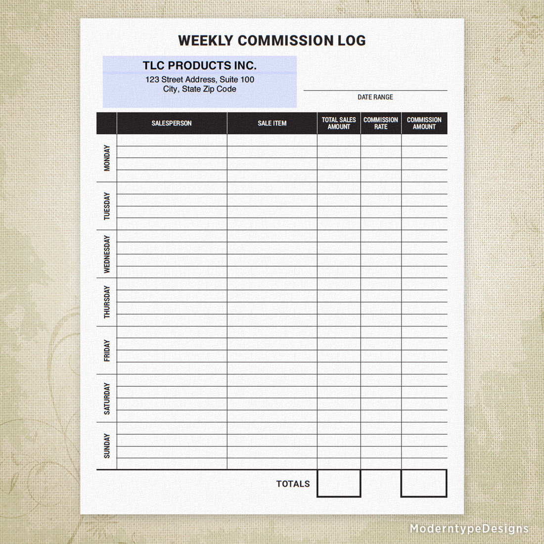 Weekly Commission Graphics Weekly Commission Log Printable Form, Personalized