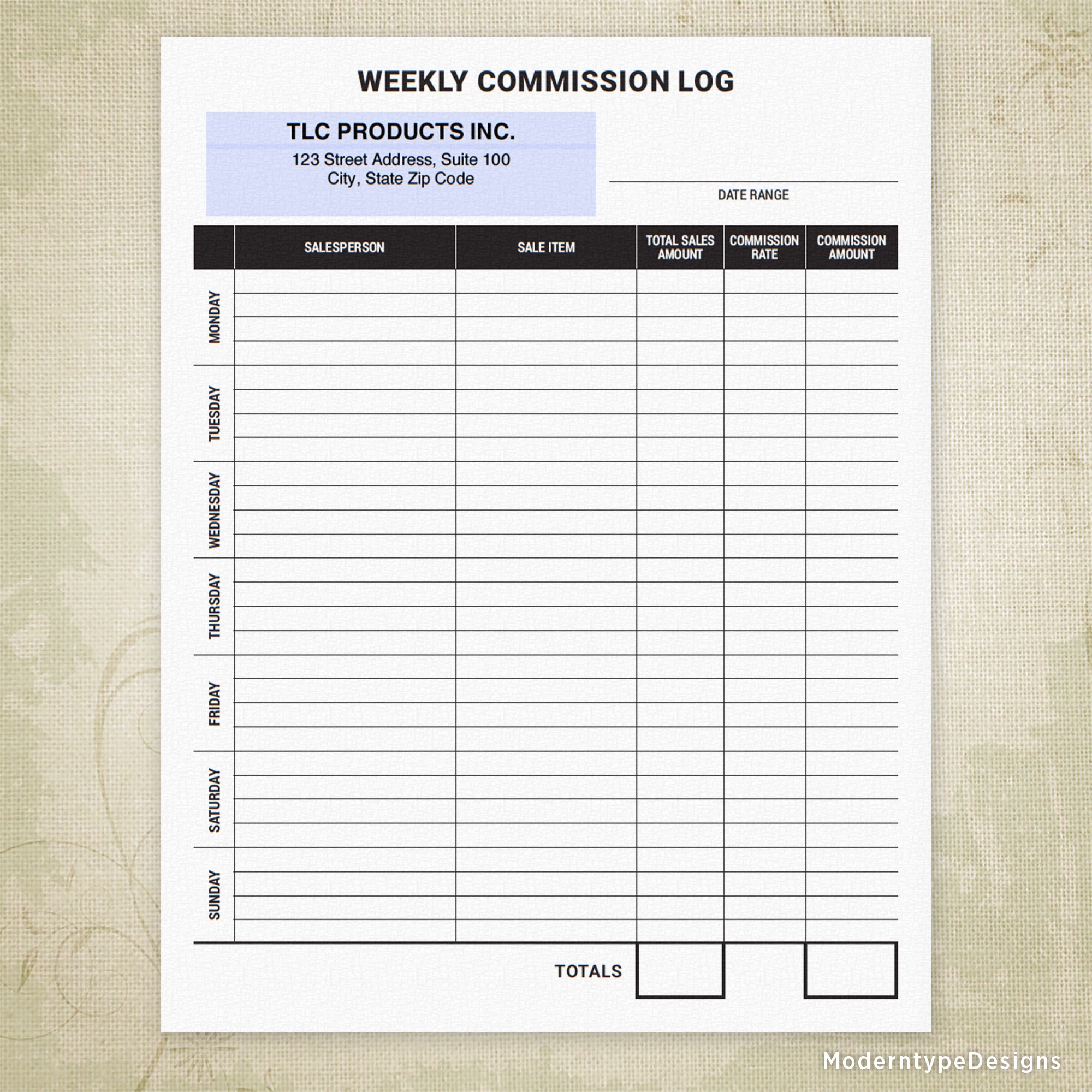 Weekly Commission Log Printable Form, Personalized