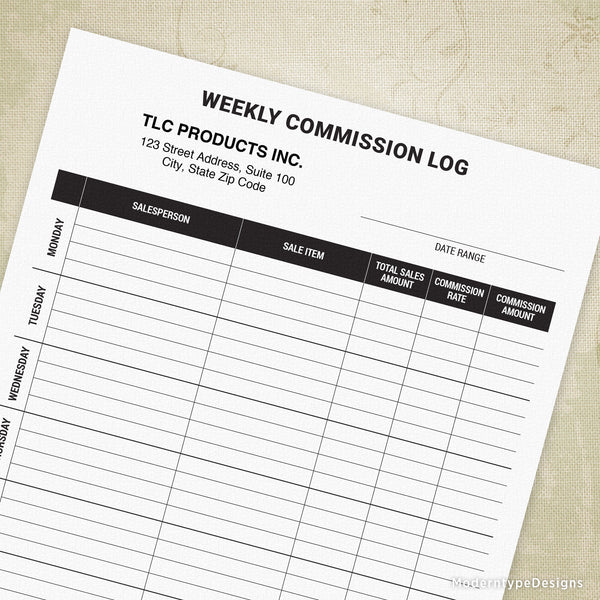 Weekly Commission Log Printable Form, Personalized