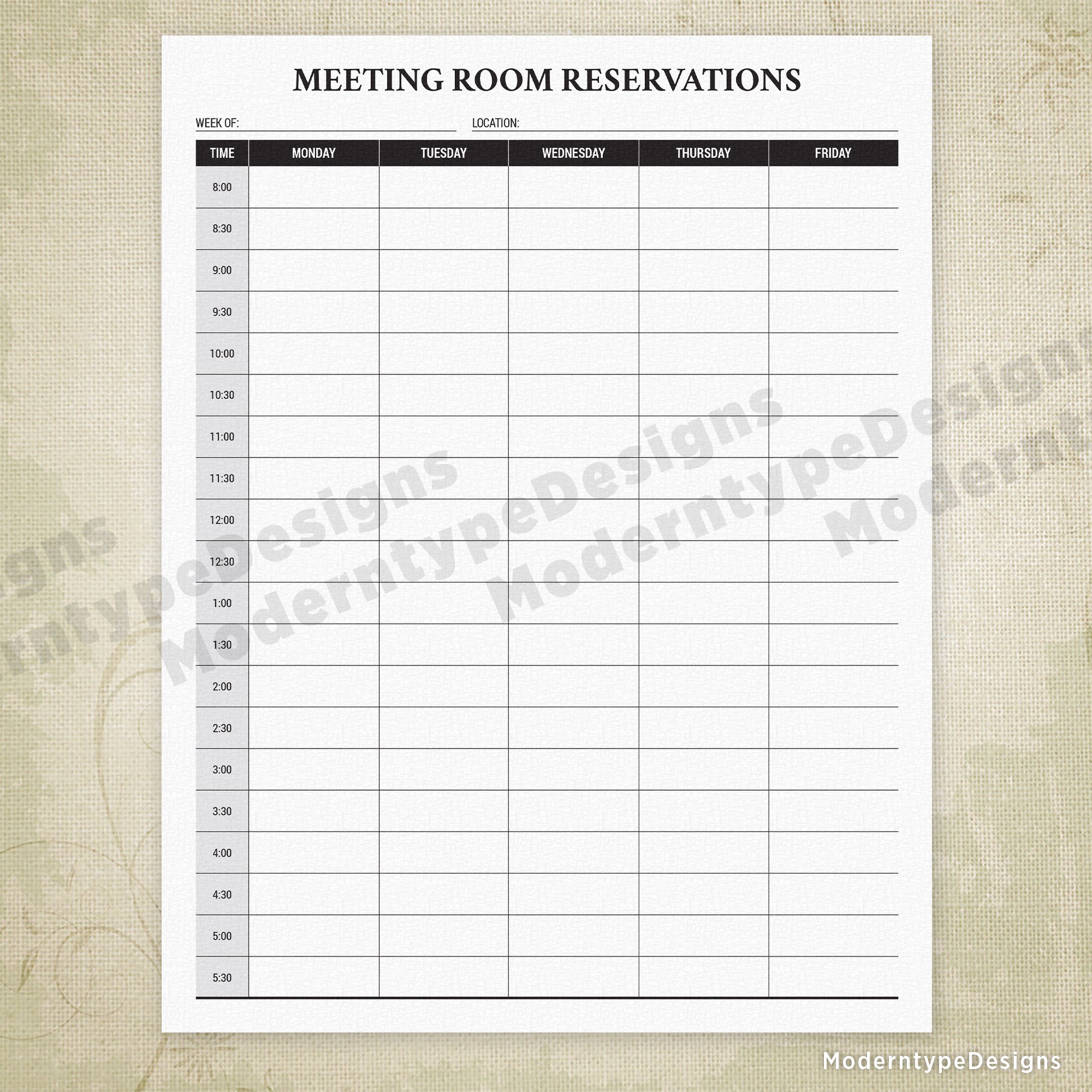 Weekly Conference Room Reservation Printable