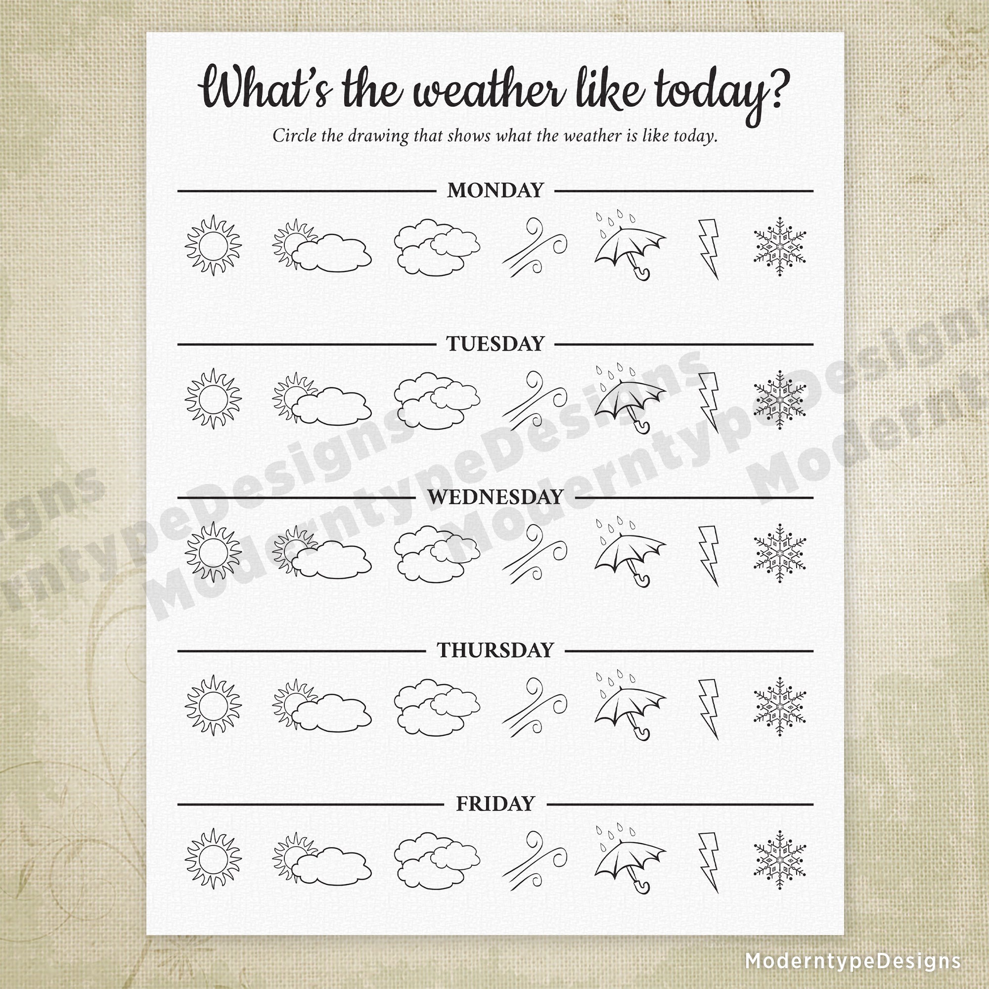 What's The Weather Like Today? Printable, 5 Days