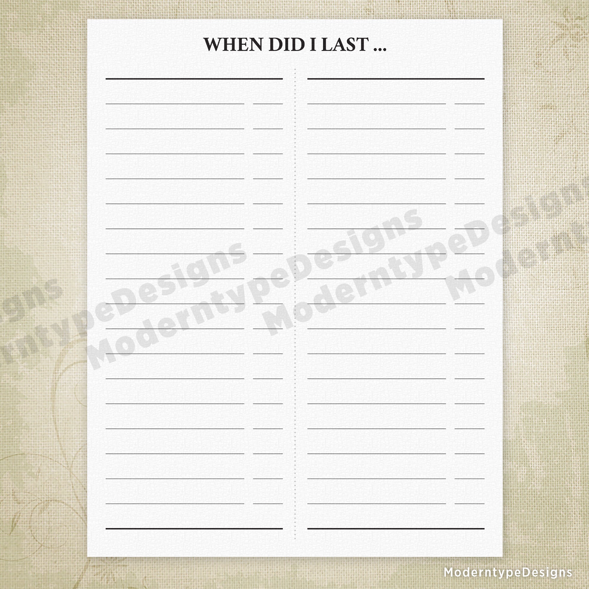 When Did I Last ... Printable Form