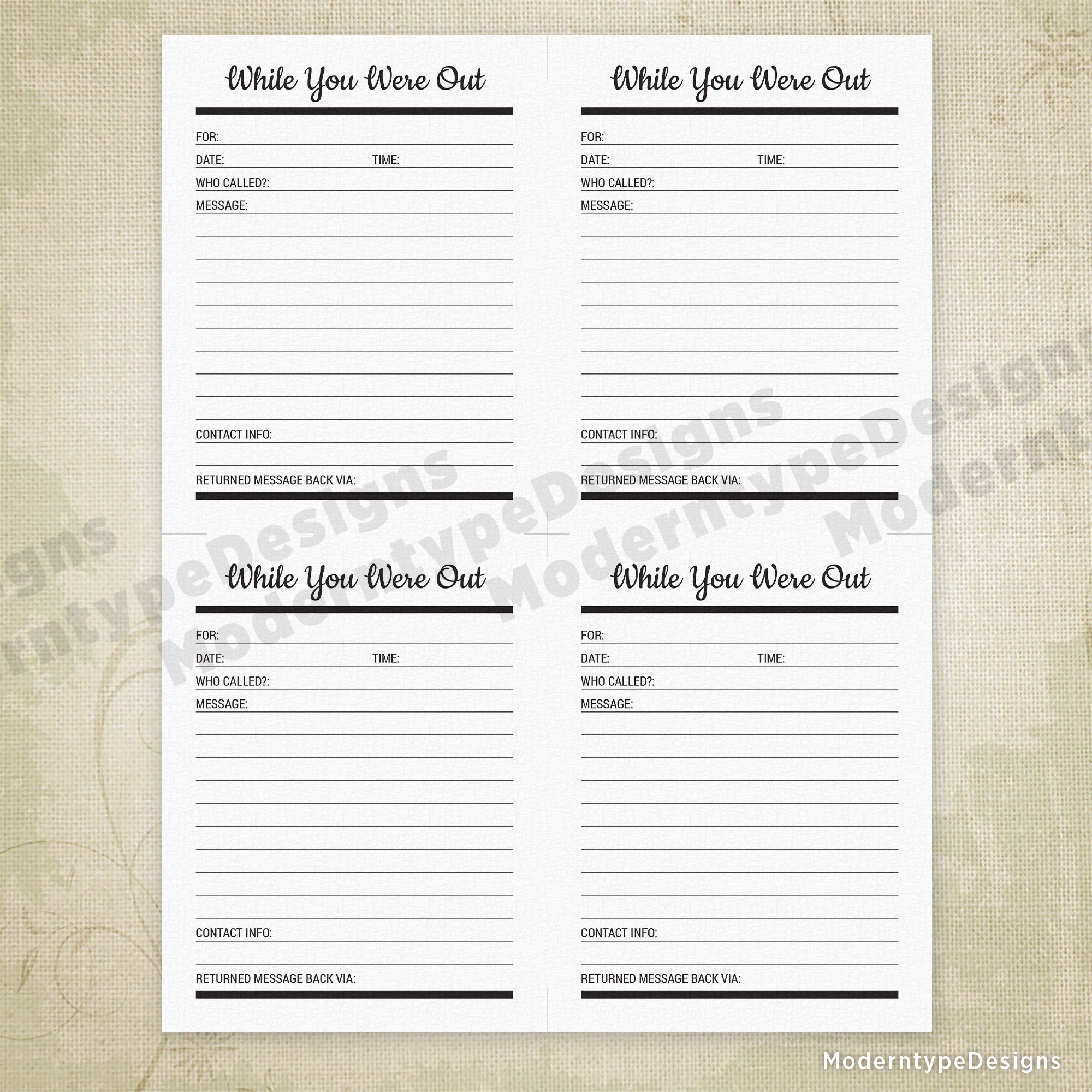 While You Were Out Sheet Printable, 4.25 x 5.5"