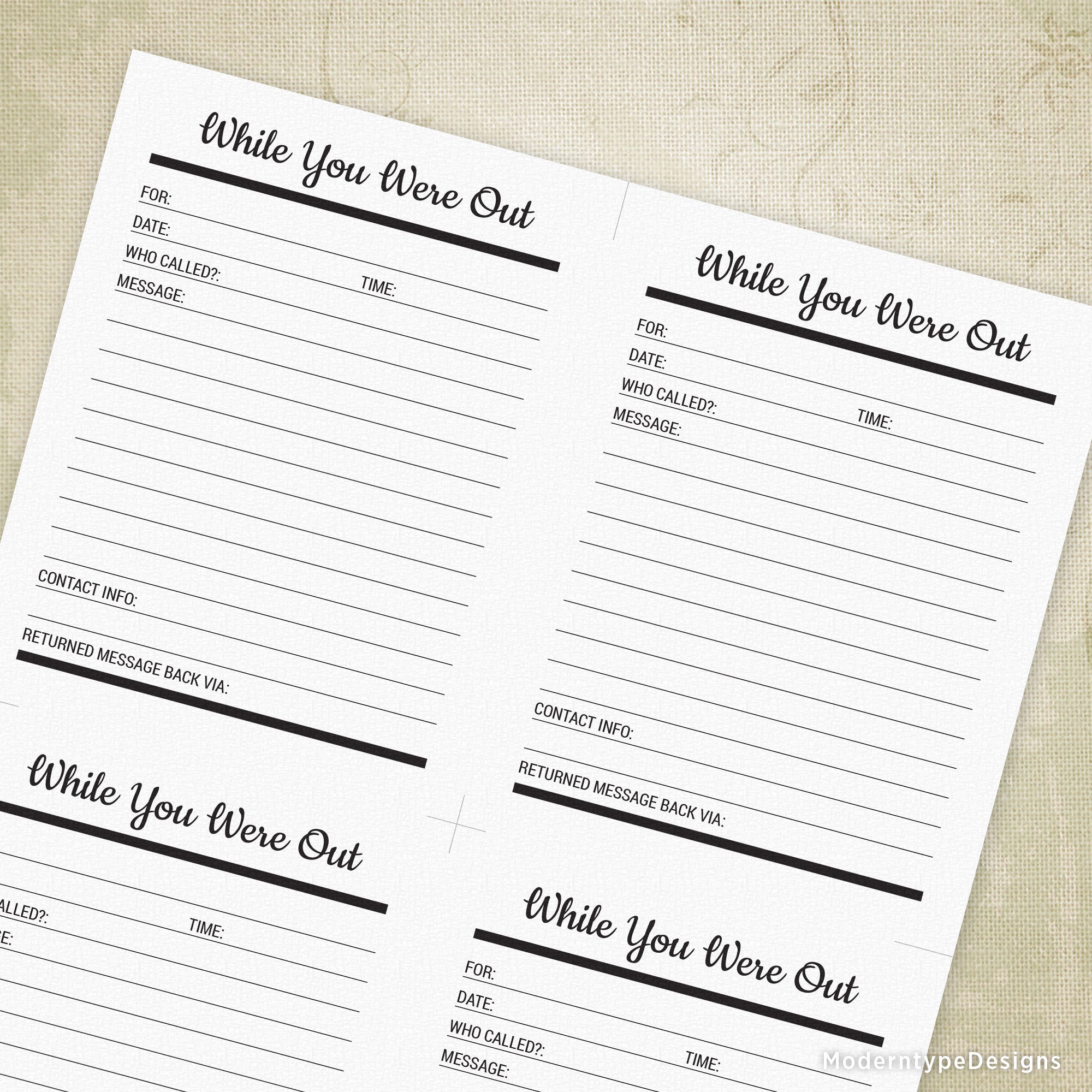 While You Were Out Sheet Printable, 4.25 x 5.5"