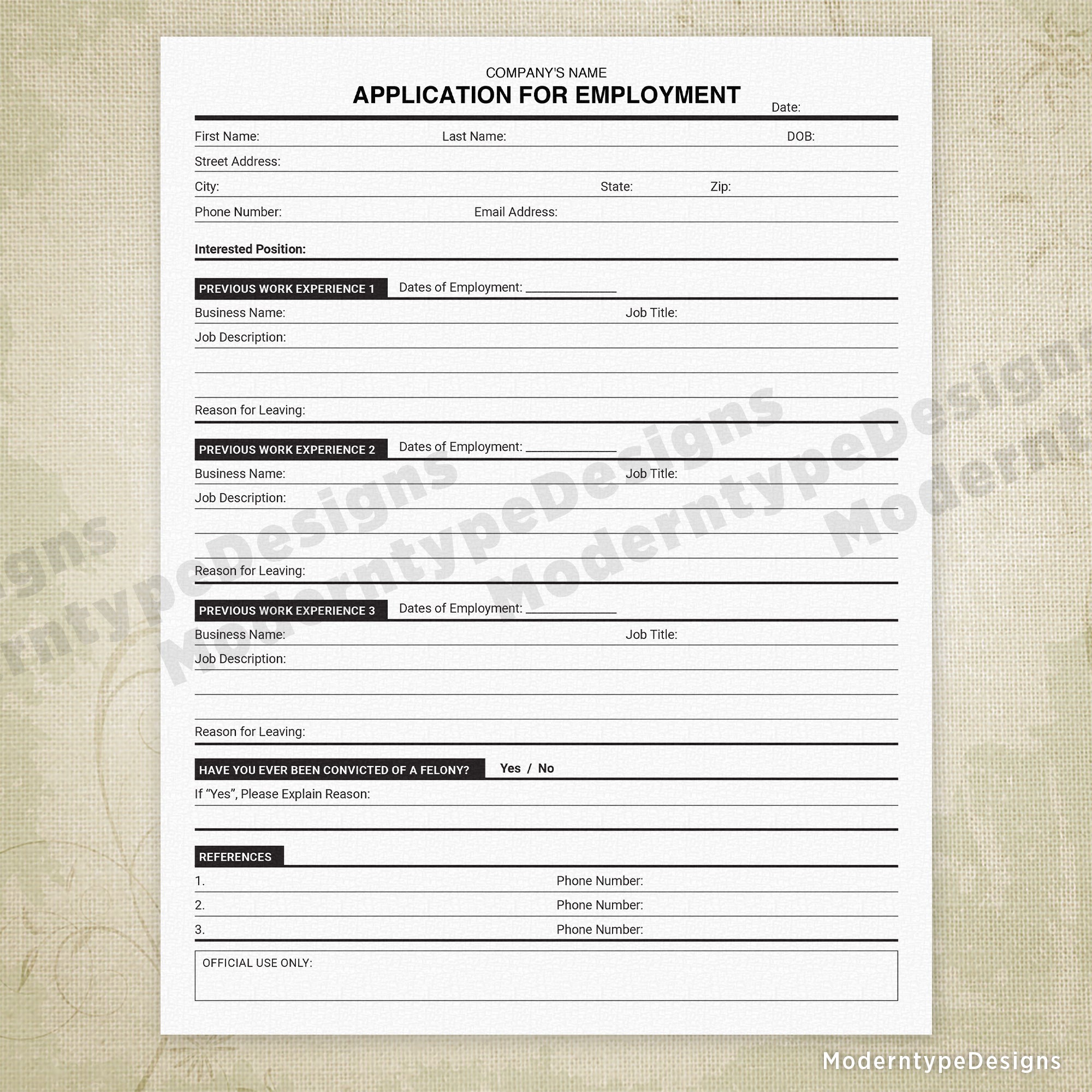 Application for Employment Printable, Personalized