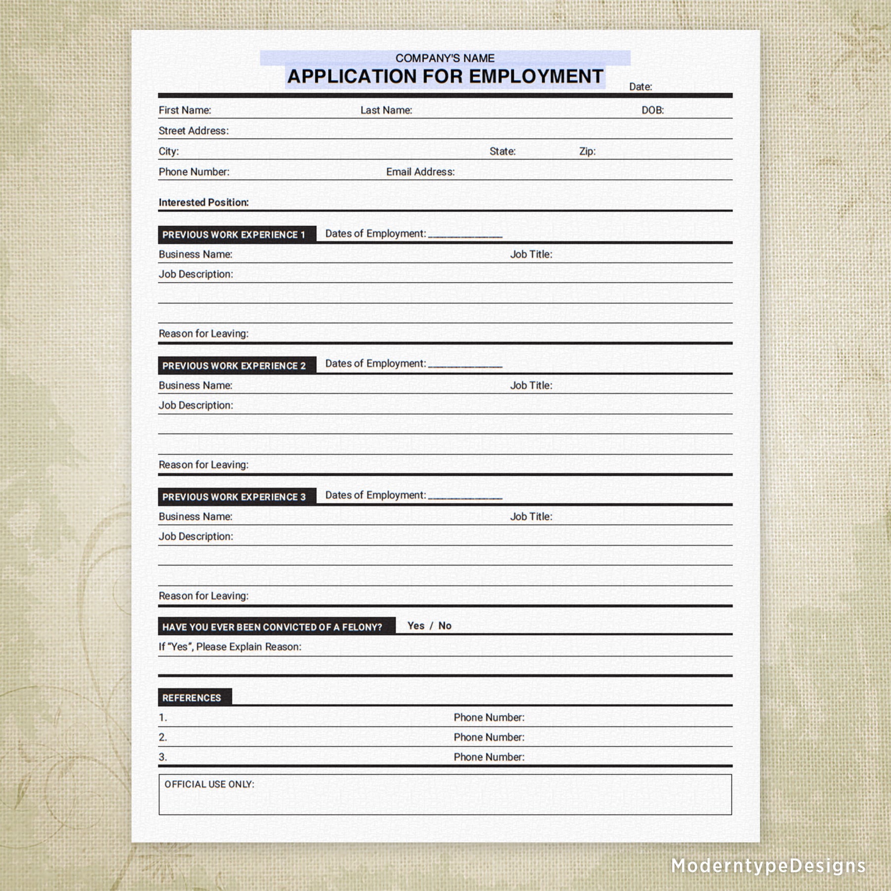 Application For Employment Printable Personalized