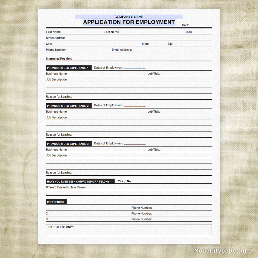 Application for Employment Printable, Personalized