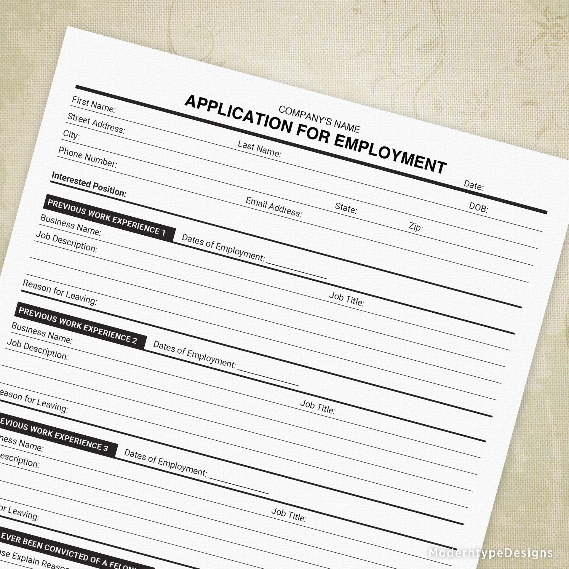Application for Employment Printable, Personalized for Free Job Application Form Printable