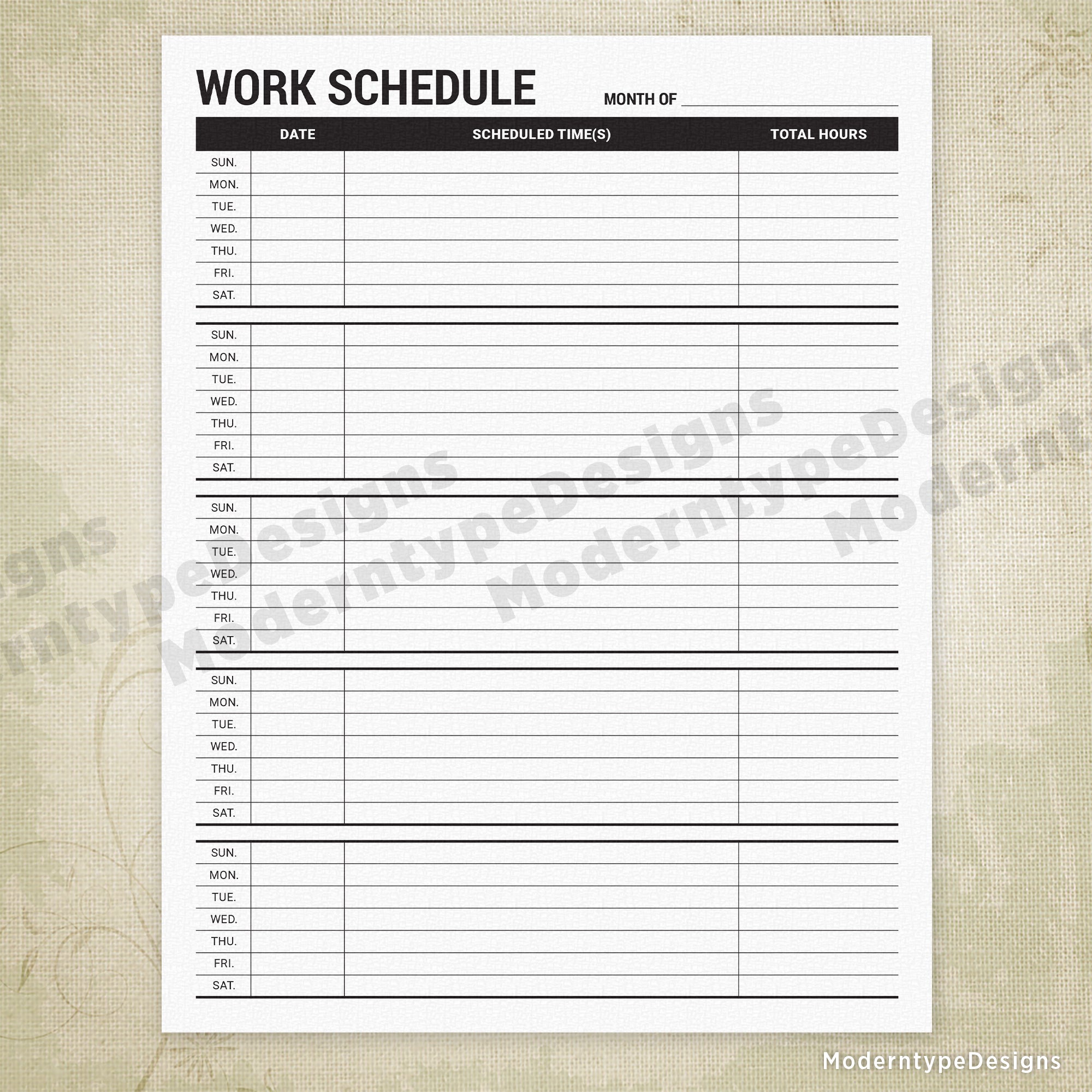 Employee Work Schedule Printable Form #2