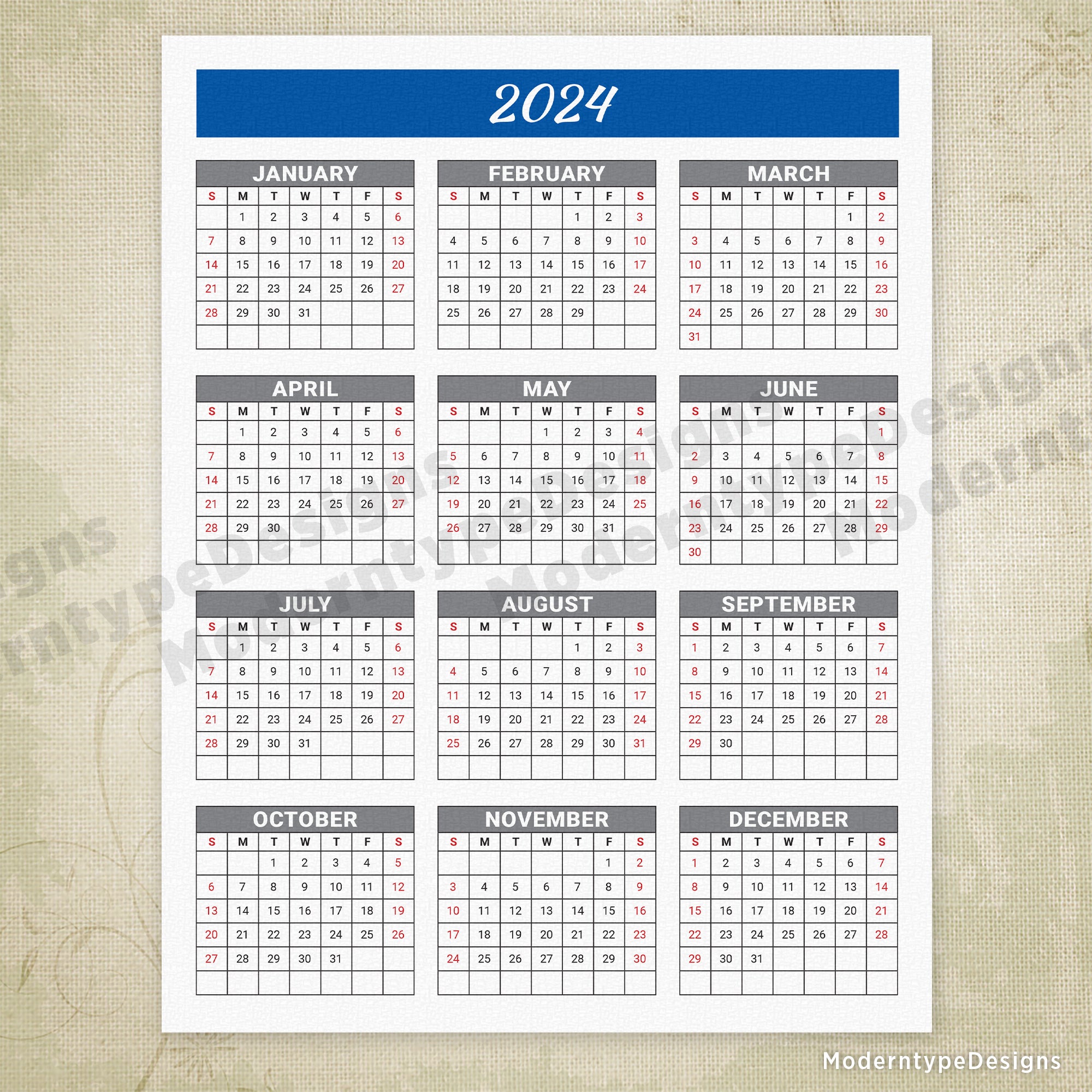 Yearly Printable Calendar Blue Header with Grid