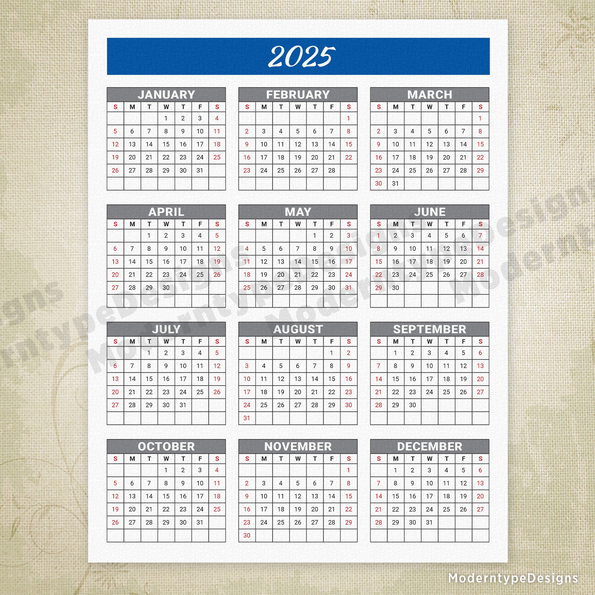 Yearly Printable Calendar Blue Header with Grid