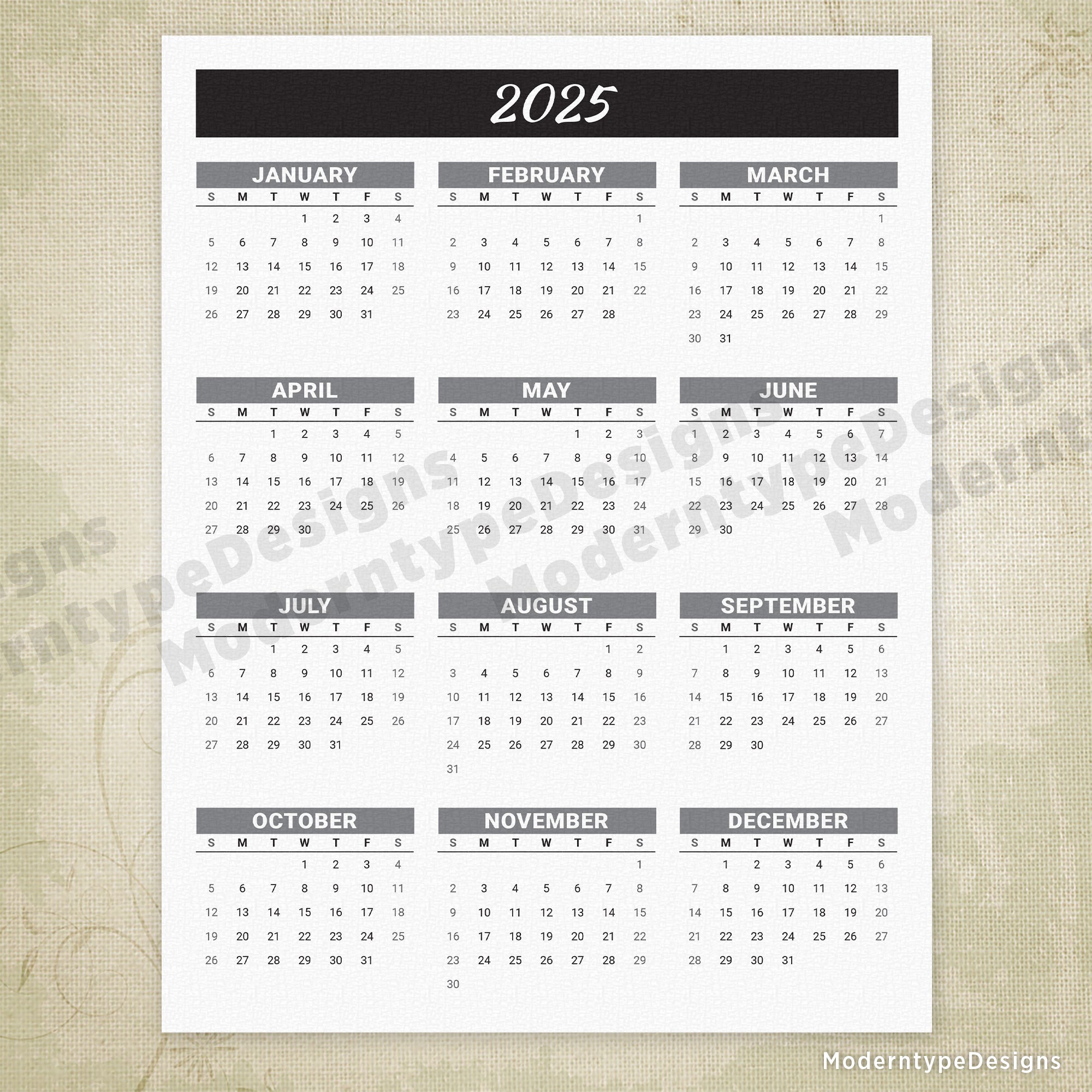 Yearly Printable Calendar Black Header without Grid yearly-printable-calendar-black-header-without-grid