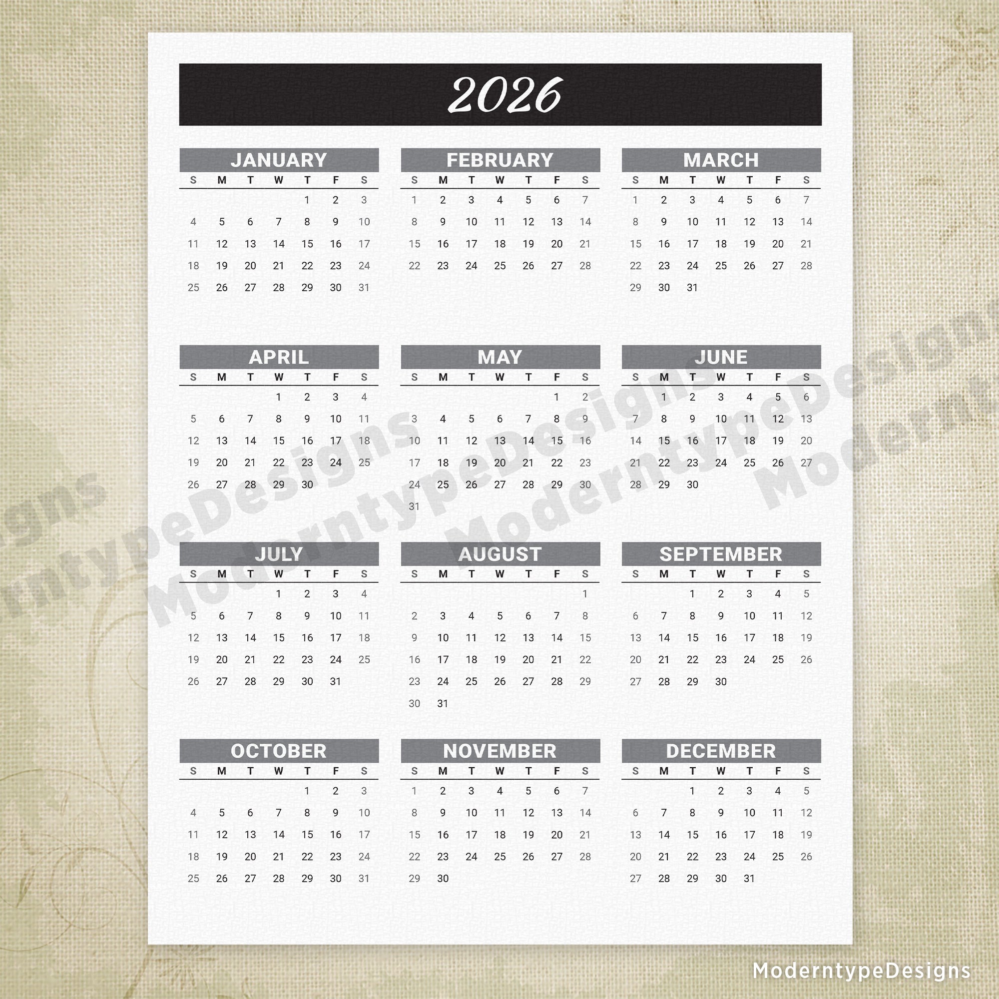 Yearly Printable Calendar Black Header without Grid