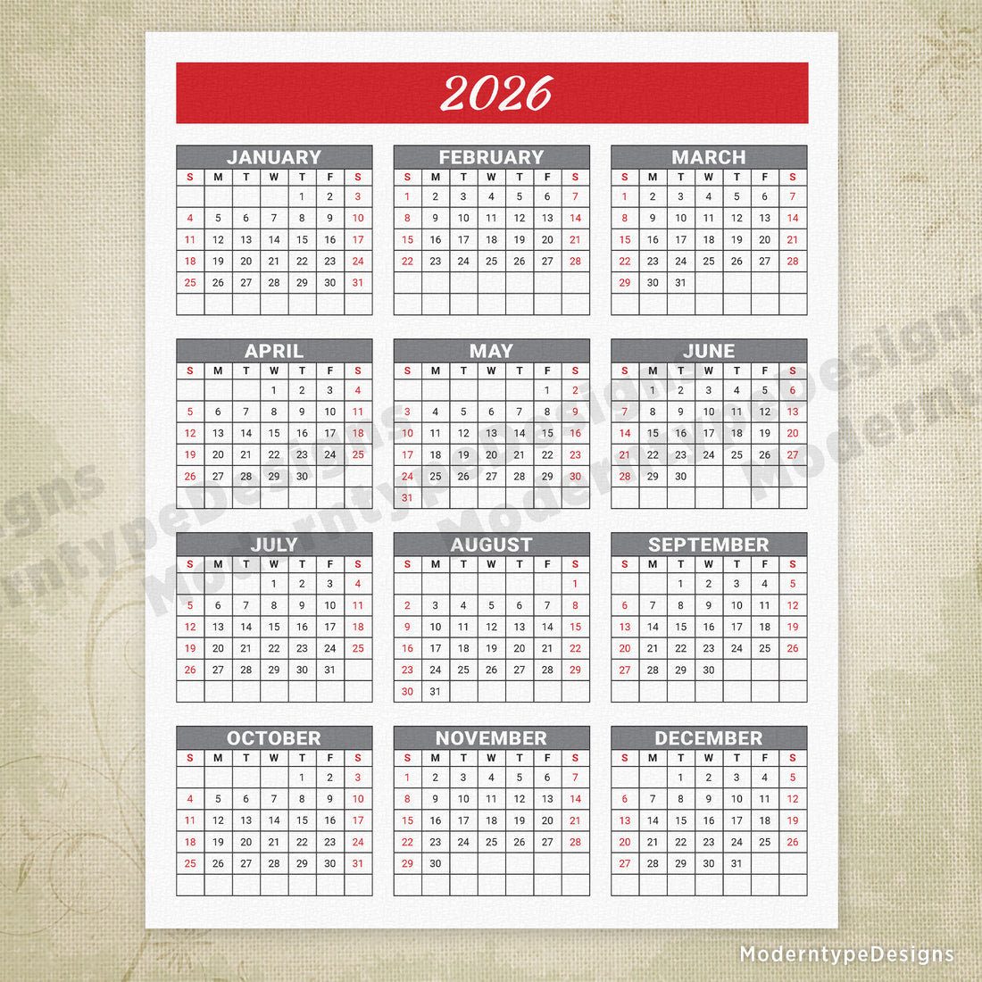 Yearly Printable Calendar Red Header With Grid