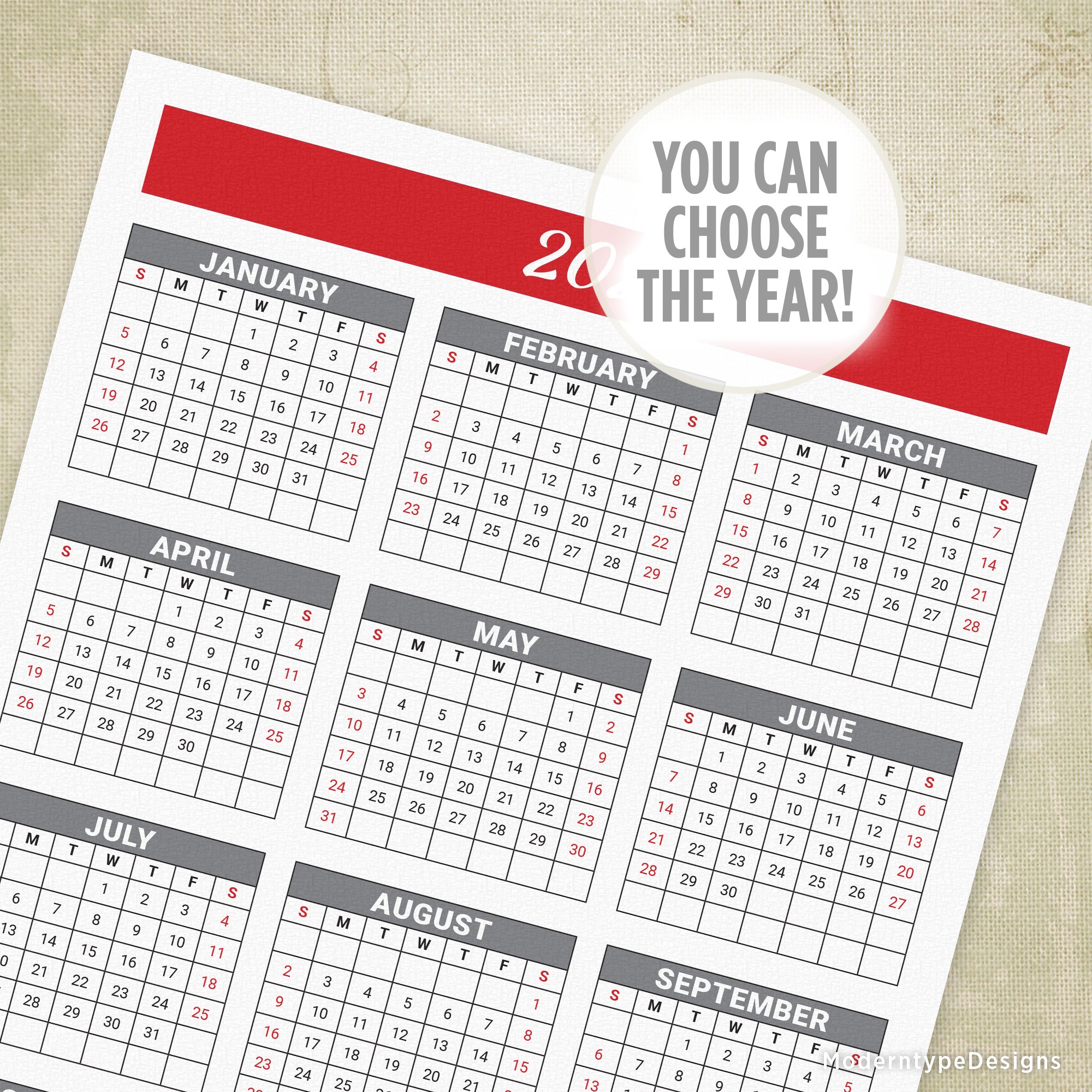 Yearly Printable Calendar Red Header with Grid