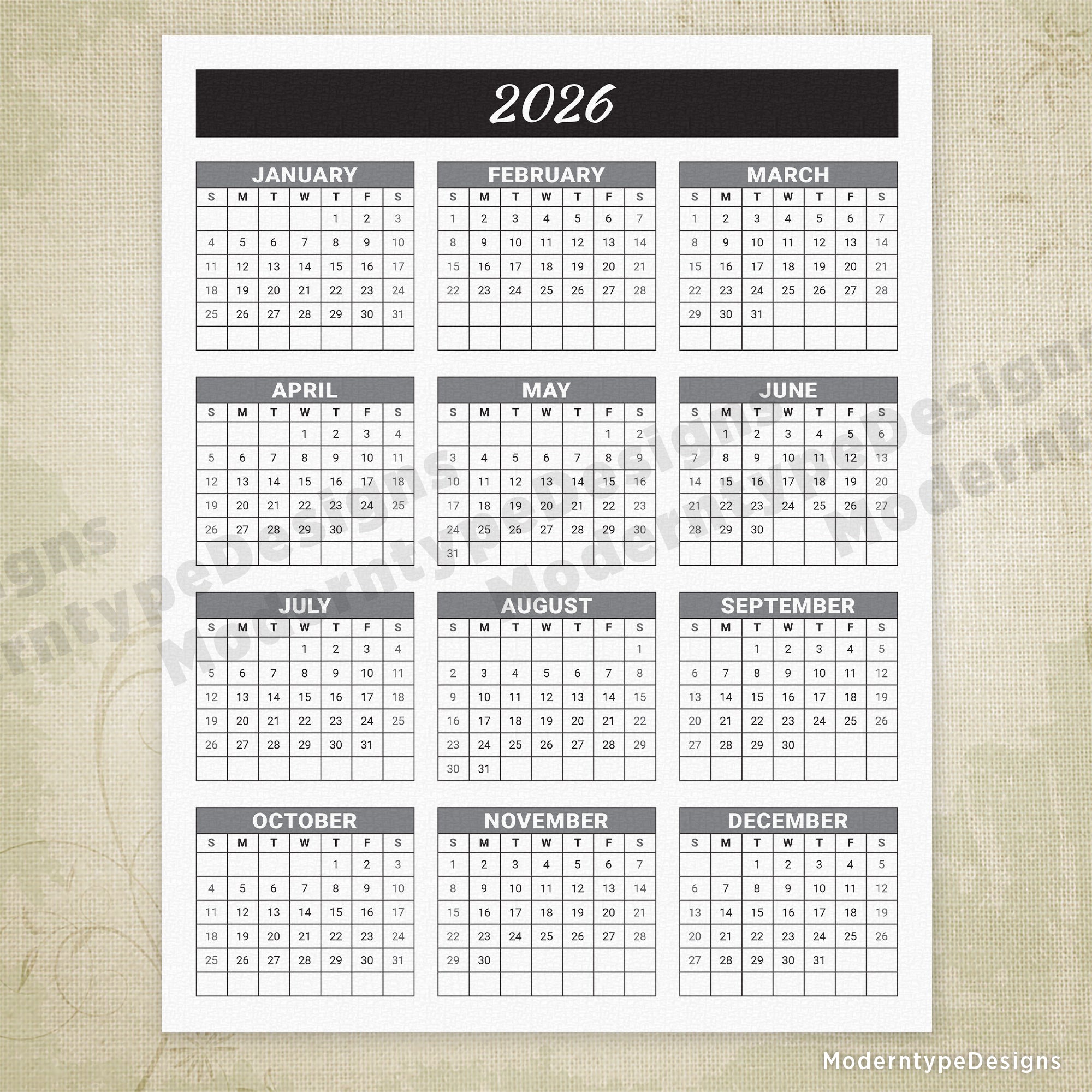 Yearly Printable Calendar Black Header with Grid
